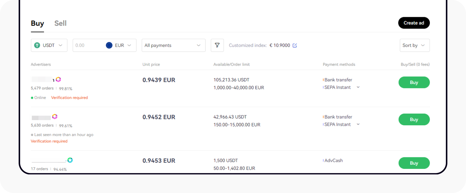 Official OKX screenshot of the P2P USDT buy list